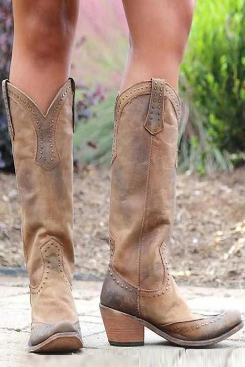 Cowboy Boots Studded Distressed Brown Women's Knee-High – Casual, Western
