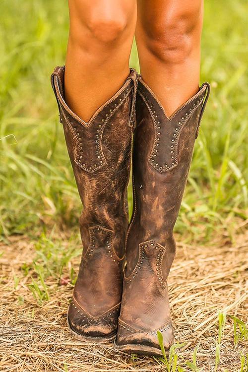 Cowboy Boots Studded Distressed Brown Women's Knee-High – Casual, Western