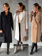 Double-Breasted Coat Longline Cream Women's – Office, Winter, Casual, Smart Everyday Wear