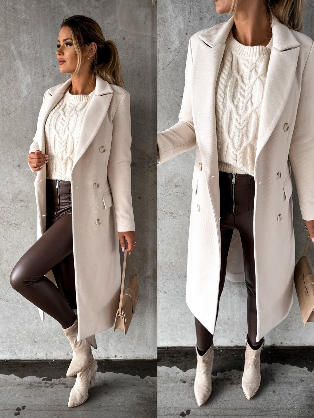 Double-Breasted Coat Longline Cream Women's – Office, Winter, Casual, Smart Everyday Wear