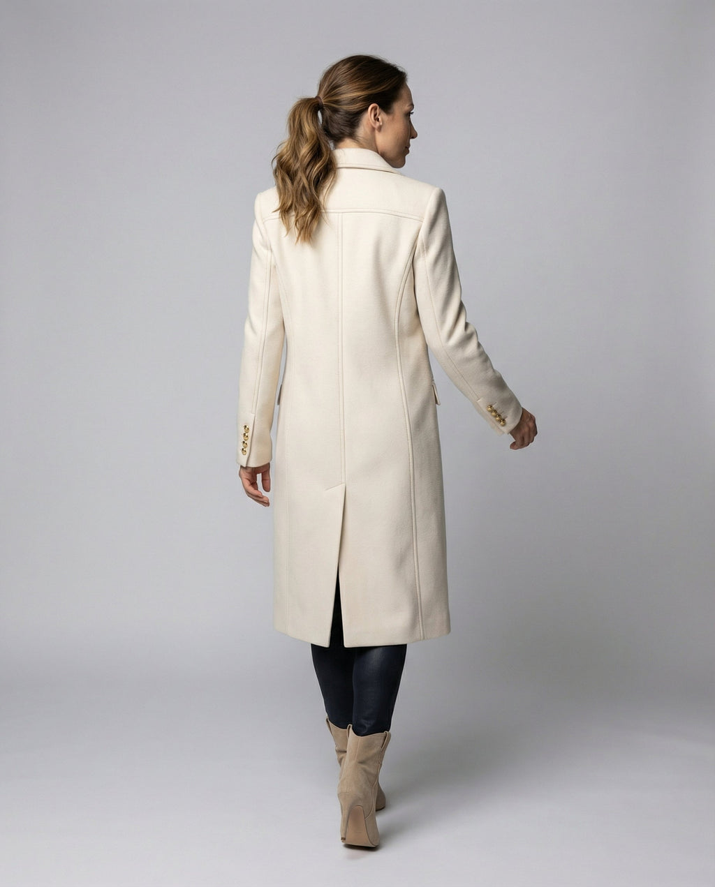 Double-Breasted Coat Longline Cream Women's – Office, Winter, Casual, Smart Everyday Wear