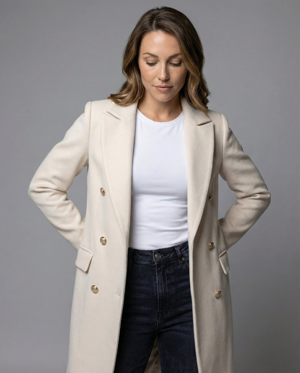 Double-Breasted Coat Longline Cream Women's – Office, Winter, Casual, Smart Everyday Wear
