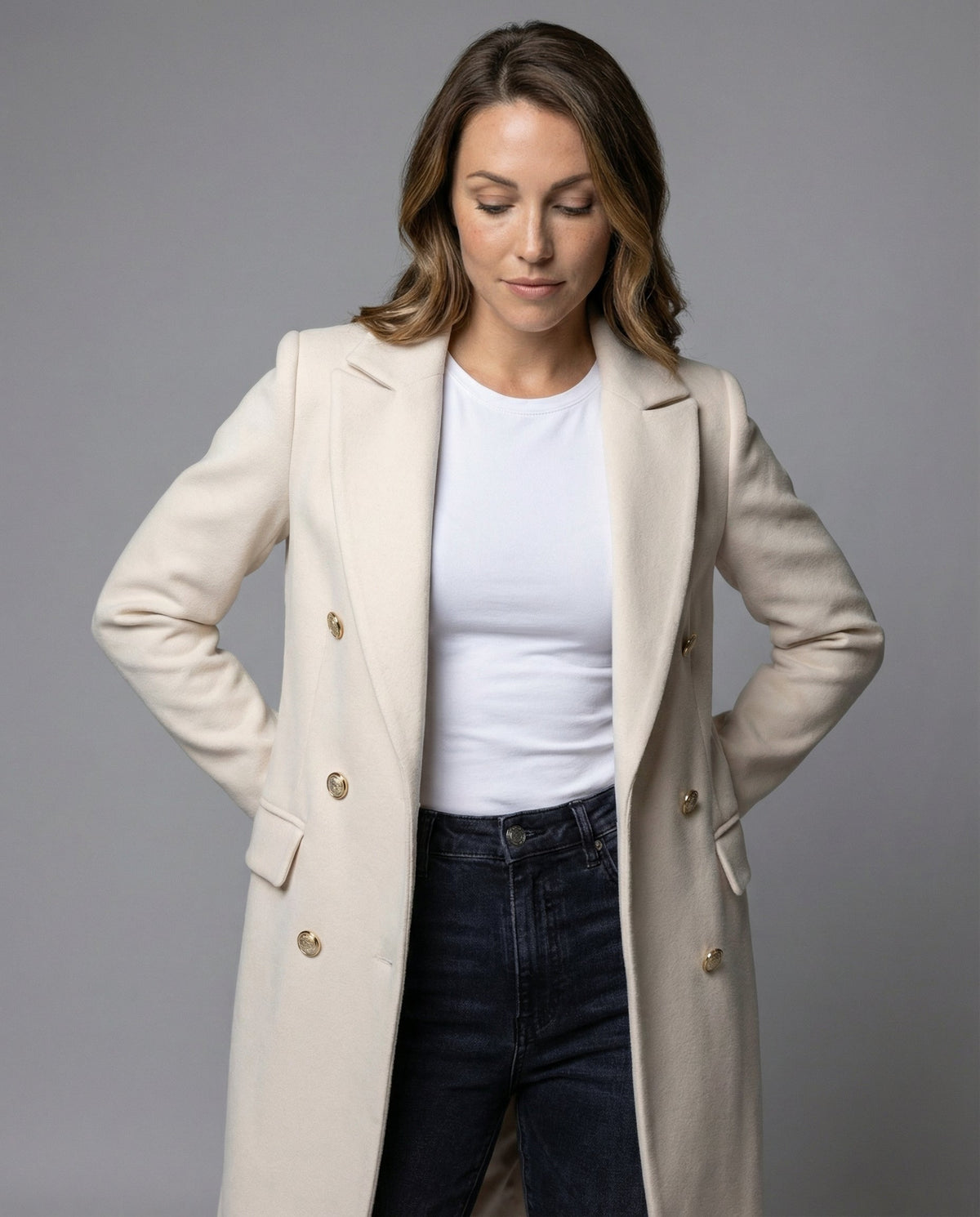 Double-Breasted Coat Longline Cream Women's – Office, Winter, Casual, Smart Everyday Wear