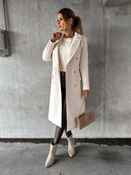 Double-Breasted Coat Longline Cream Women's – Office, Winter, Casual, Smart Everyday Wear