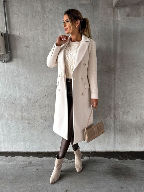 Double-Breasted Coat Longline Cream Women's – Office, Winter, Casual, Smart Everyday Wear