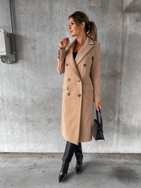 Double-Breasted Coat Longline Cream Women's – Office, Winter, Casual, Smart Everyday Wear