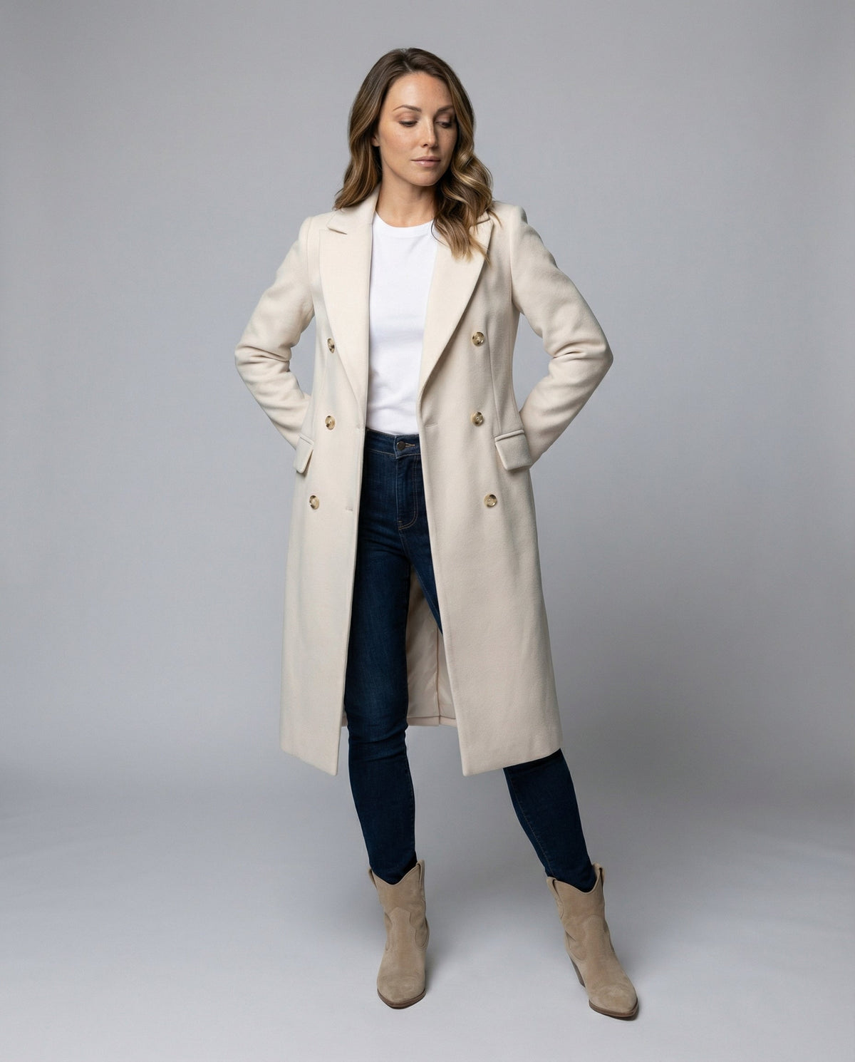Double-Breasted Coat Longline Cream Women's – Office, Winter, Casual, Smart Everyday Wear
