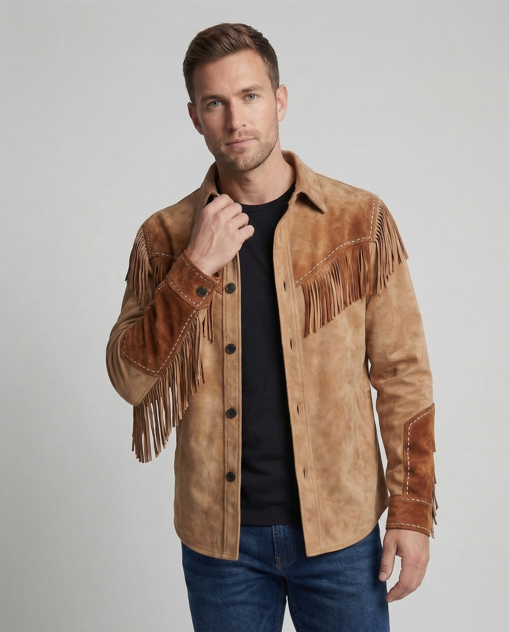 Suede Fringe Jacket Tan Men's Western Button Shirt – Casual, Cowboy Style