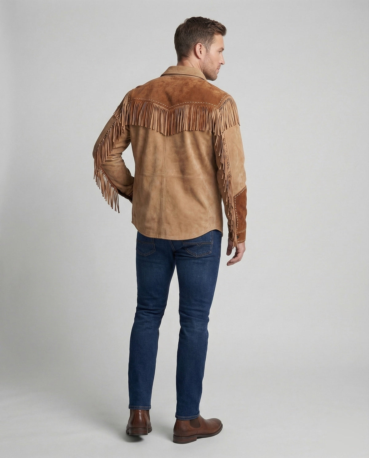 Suede Fringe Jacket Tan Men's Western Button Shirt – Casual, Cowboy Style