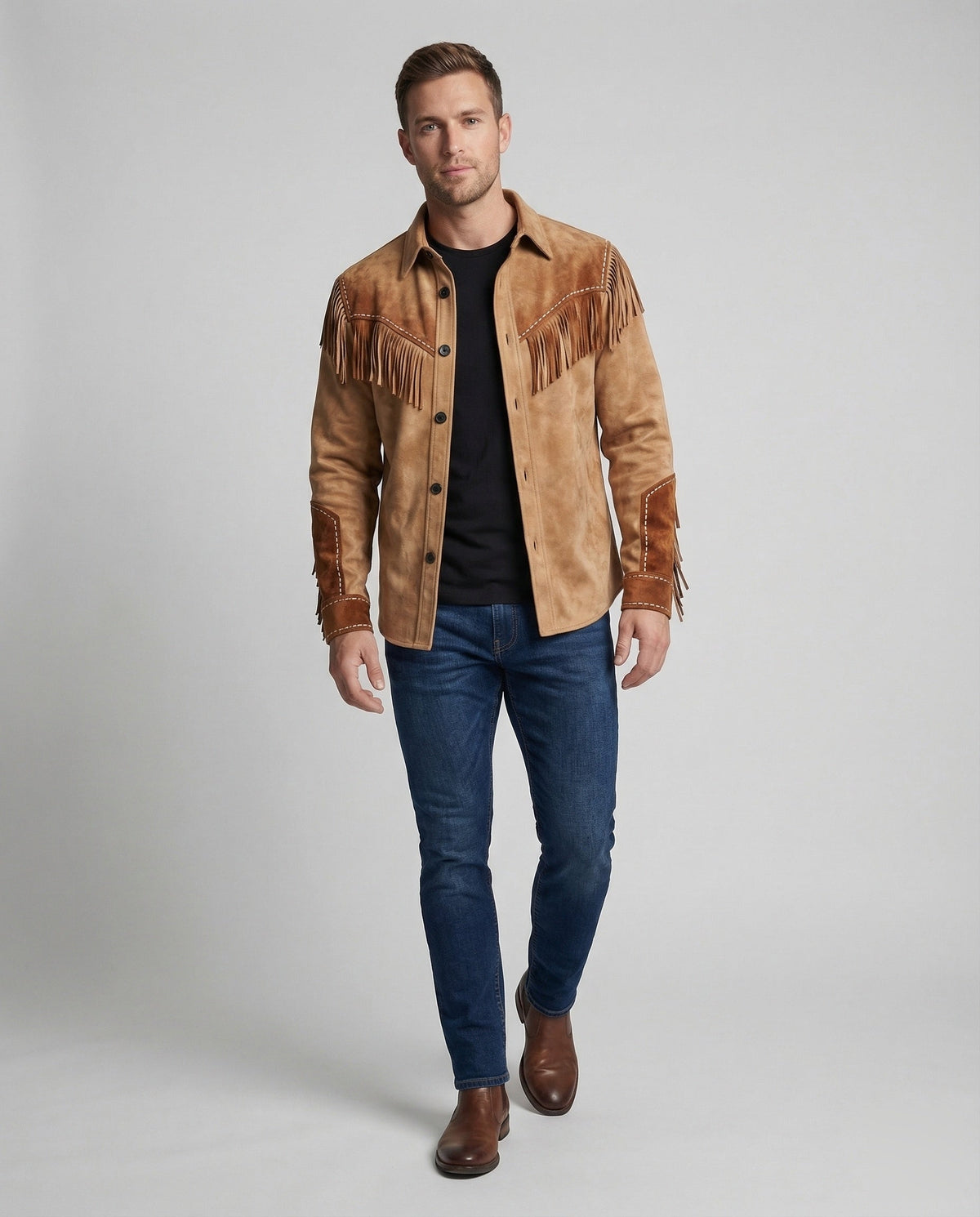 Suede Fringe Jacket Tan Men's Western Button Shirt – Casual, Cowboy Style