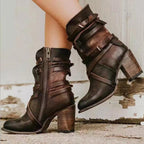 Ankle Boots Leather Strap Block Heel Women's Zip – Casual, Autumn Vintage Distressed Footwear