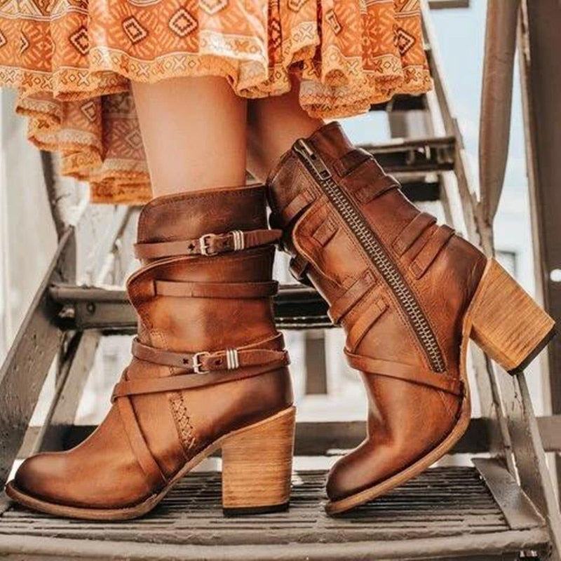 Ankle Boots Leather Strap Block Heel Women's Zip – Casual, Autumn Vintage Distressed Footwear
