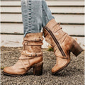 Ankle Boots Leather Strap Block Heel Women's Zip – Casual, Autumn Vintage Distressed Footwear