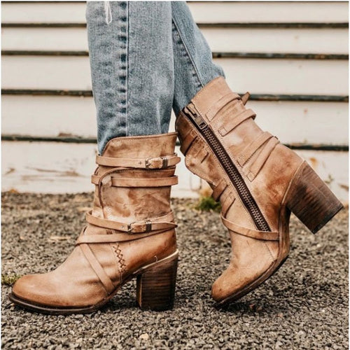 Ankle Boots Leather Strap Block Heel Women's Zip – Casual, Autumn Vintage Distressed Footwear