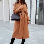 Belted Midi Coat Wool-Blend Blue Women's – Casual, Office, Winter, Holiday, Gift