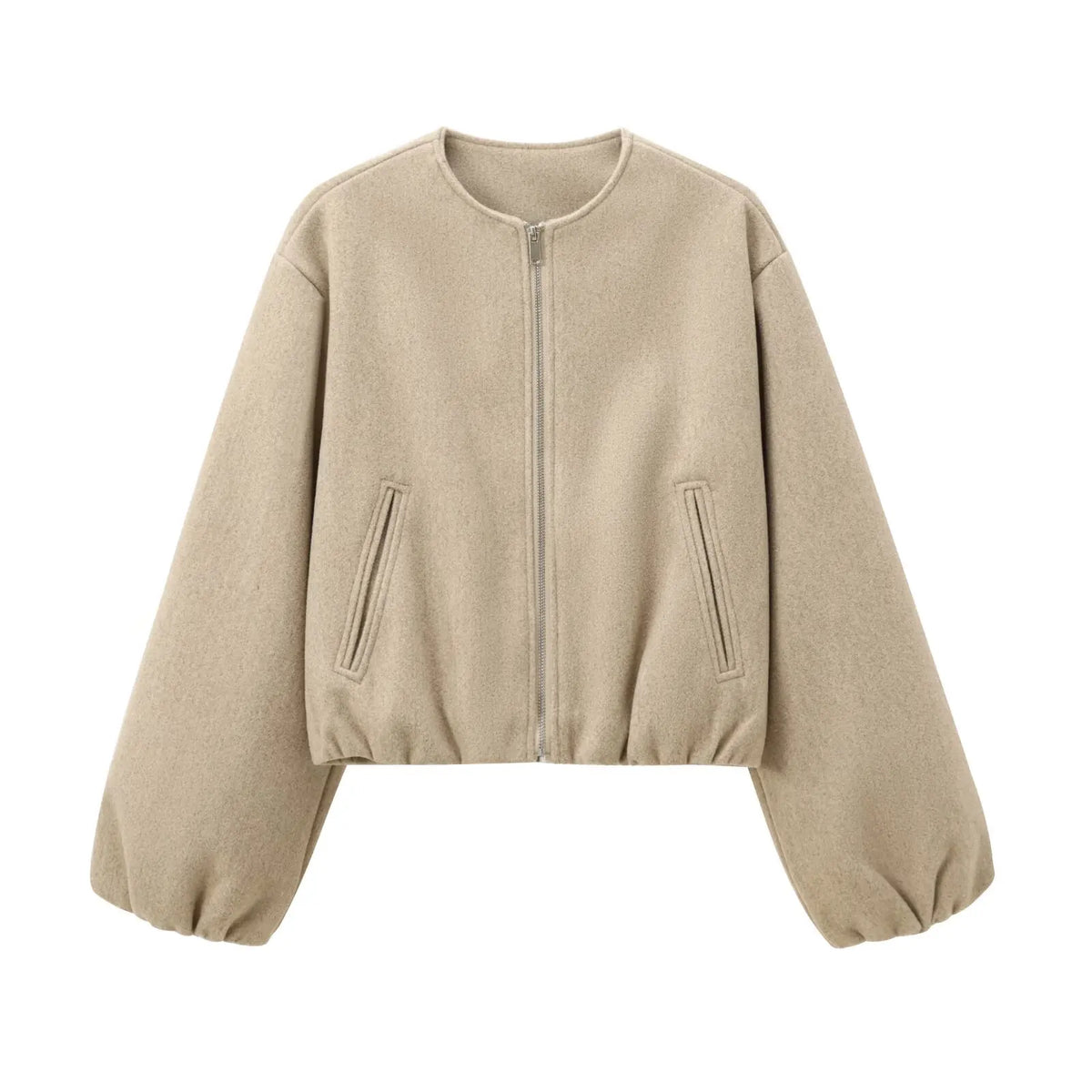 Cropped Bomber Jacket Beige Women's Zip-Up – Casual, Office, Holiday, Gift · Werune
