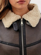 Faux Leather Moto Jacket Fleece-Lined Brown Women's Belted Zip-Up – Casual, Winter Outerwear