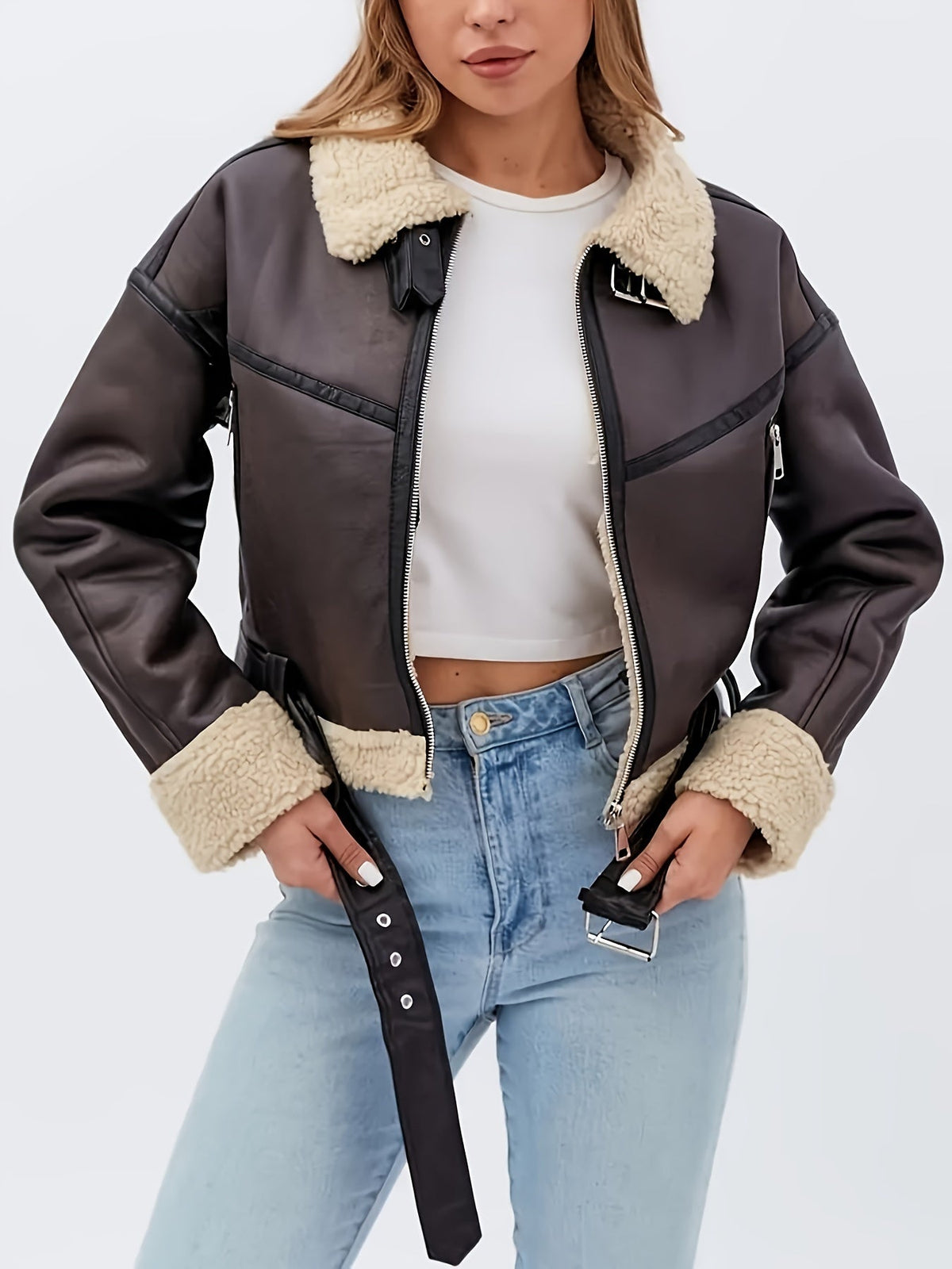 Faux Leather Moto Jacket Fleece-Lined Brown Women's Belted Zip-Up – Casual, Winter Outerwear