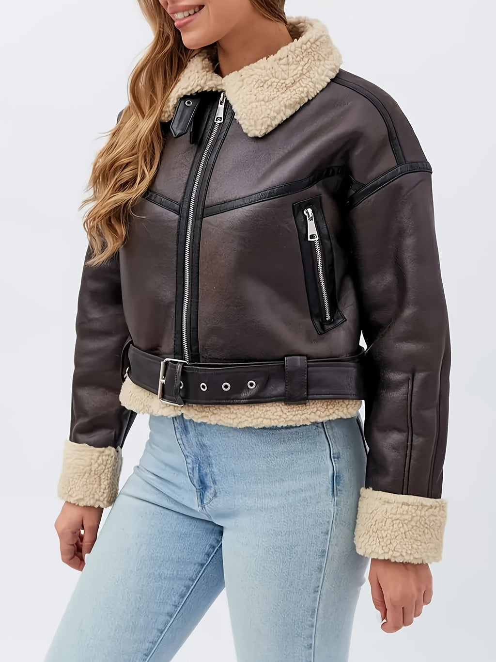 Faux Leather Moto Jacket Fleece-Lined Brown Women's Belted Zip-Up – Casual, Winter Outerwear