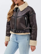 Faux Leather Moto Jacket Fleece-Lined Brown Women's Belted Zip-Up – Casual, Winter Outerwear