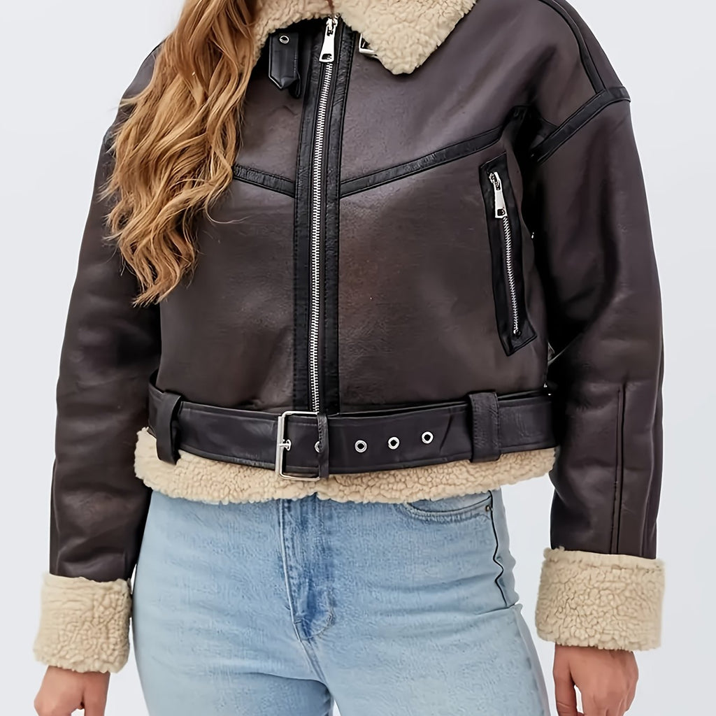 Faux Leather Moto Jacket Fleece-Lined Brown Women's Belted Zip-Up – Casual, Winter Outerwear