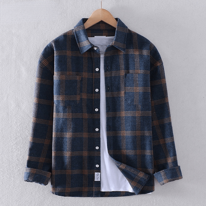 Flannel Shirt Navy Plaid Check Men's Long Sleeve Button-Down – Casual, Office, Holiday, Gift