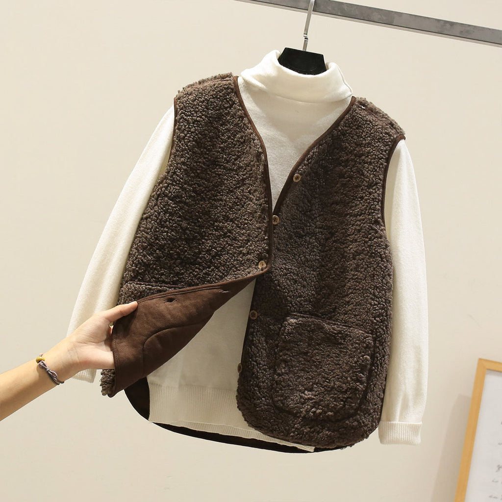 Fleece Gilet Cream Sherpa Women's Button-Up Bodywarmer – Casual, Layering Winter Vest with Pockets