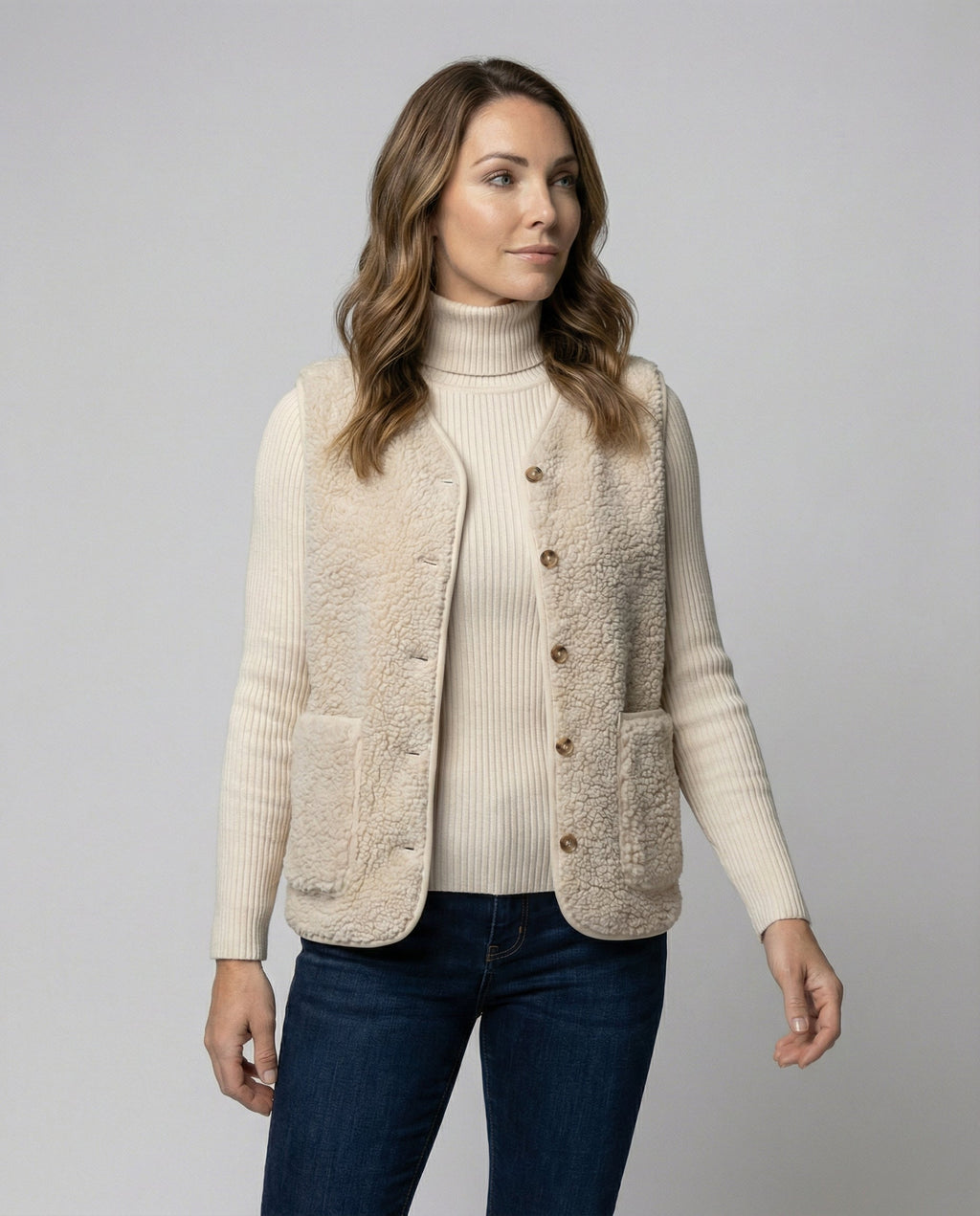 Fleece Gilet Cream Sherpa Women's Button-Up Bodywarmer – Casual, Layering Winter Vest with Pockets