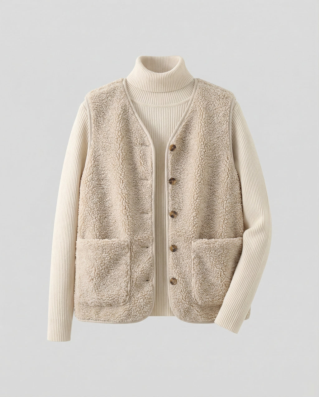 Fleece Gilet Cream Sherpa Women's Button-Up Bodywarmer – Casual, Layering Winter Vest with Pockets