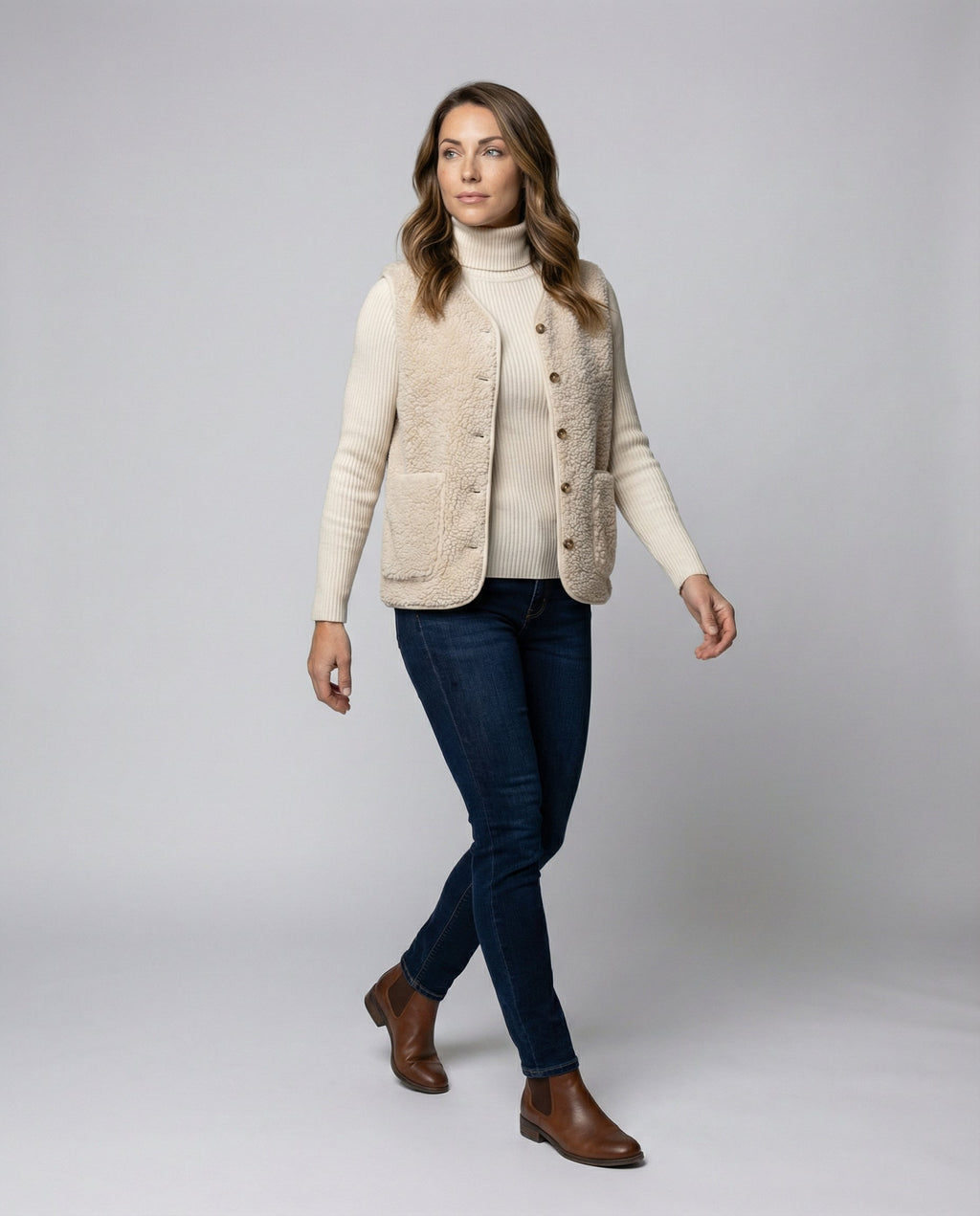 Fleece Gilet Cream Sherpa Women's Button-Up Bodywarmer – Casual, Layering Winter Vest with Pockets
