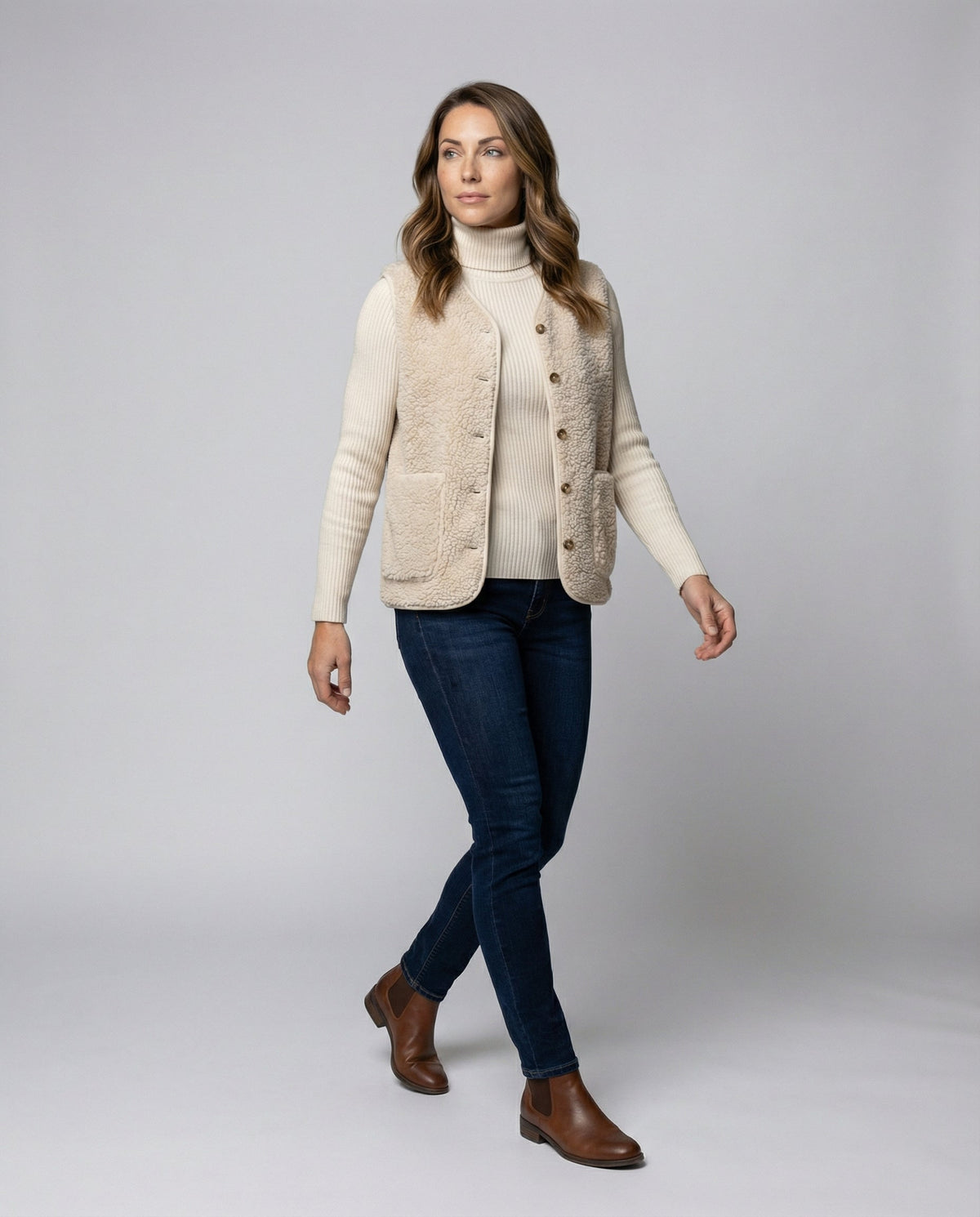 Fleece Gilet Cream Sherpa Women's Button-Up Bodywarmer – Casual, Layering Winter Vest with Pockets