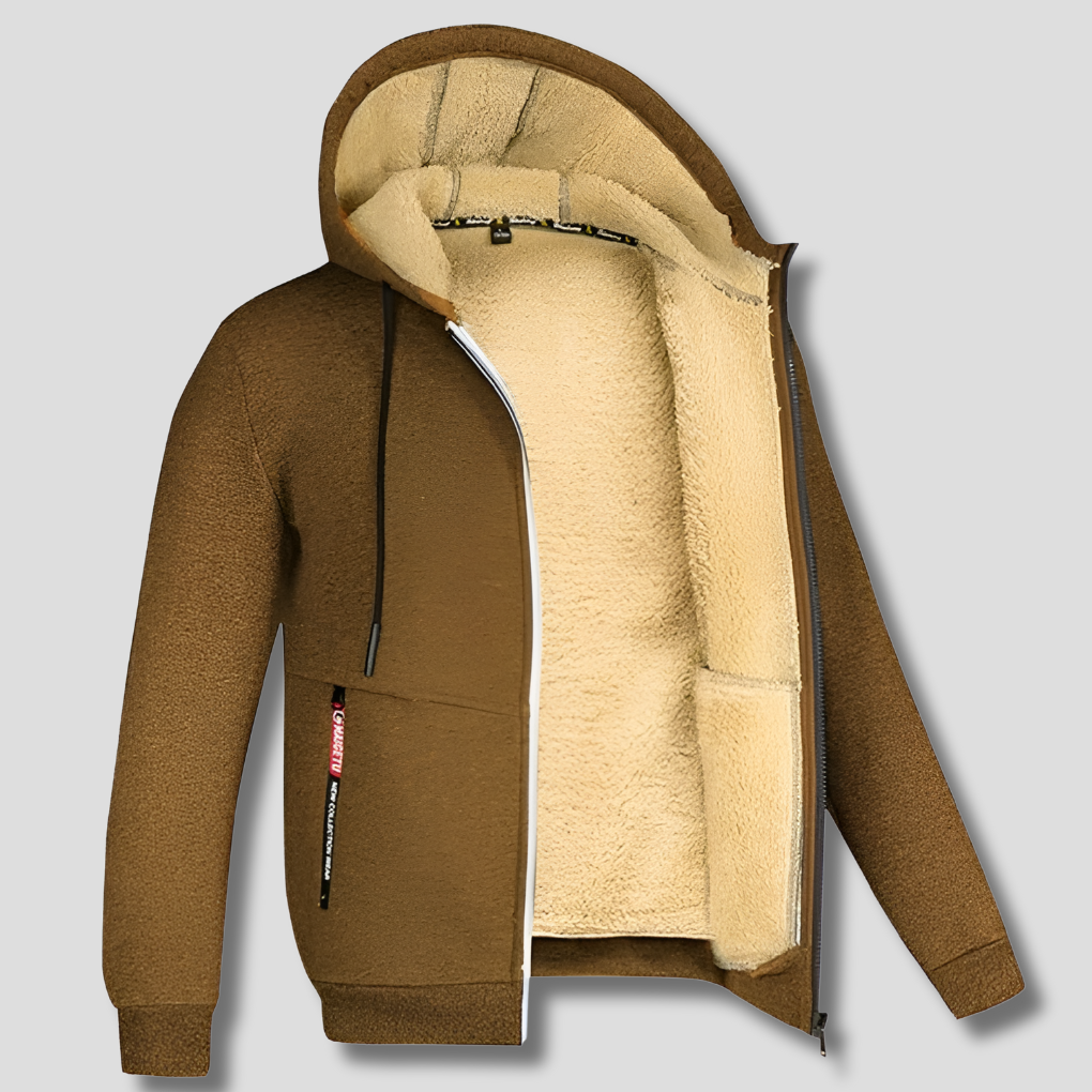 Hooded Jacket Sherpa Fleece Lined Zip-Up Men's Olive Green – Casual, Winter Gift