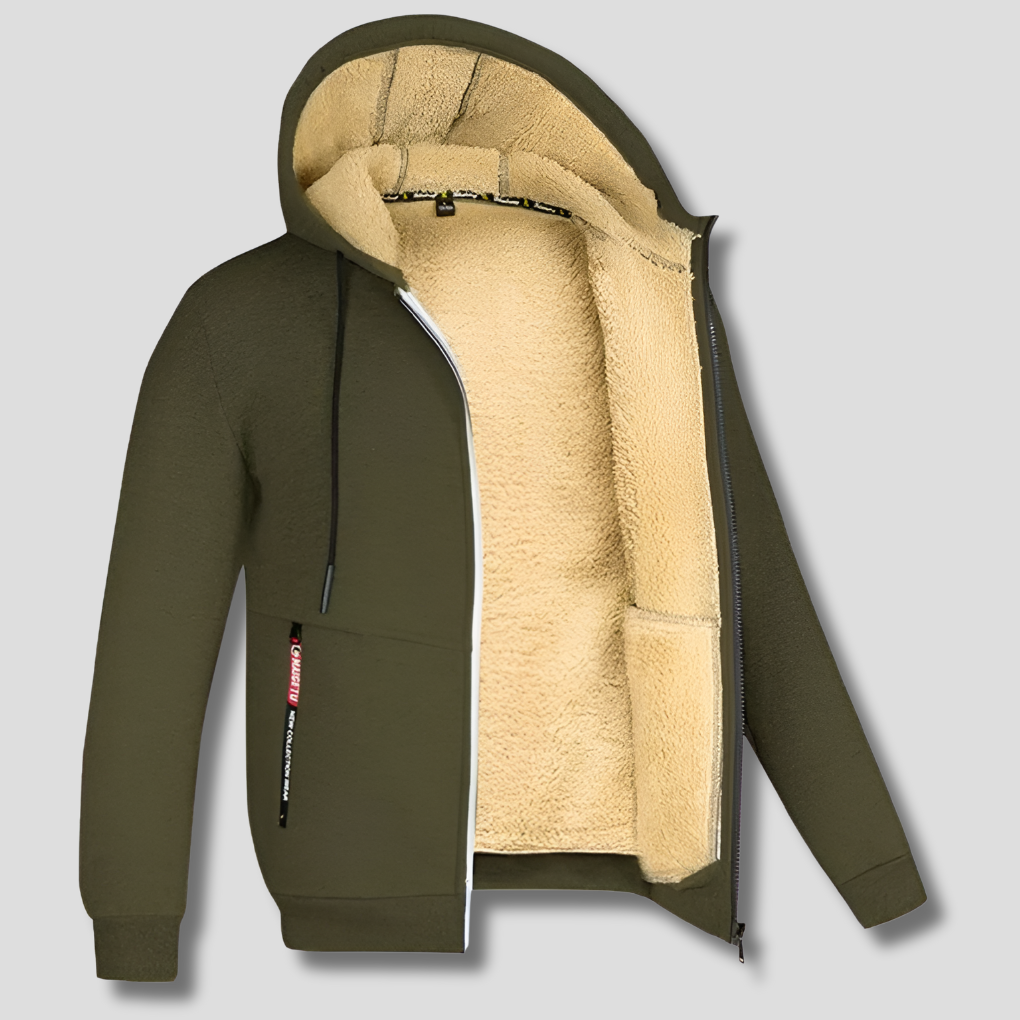 Hooded Jacket Sherpa Fleece Lined Zip-Up Men's Olive Green – Casual, Winter Gift