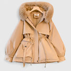 Hooded Parka Jacket Fleece-Lined Beige Women's Faux Fur Trim – Casual, Winter Warmth