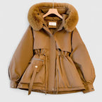 Hooded Parka Jacket Fleece-Lined Beige Women's Faux Fur Trim – Casual, Winter Warmth