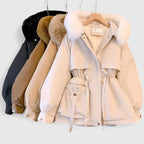 Hooded Parka Jacket Fleece-Lined Beige Women's Faux Fur Trim – Casual, Winter Warmth