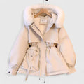 Hooded Parka Jacket Fleece-Lined Beige Women's Faux Fur Trim – Casual, Winter Warmth