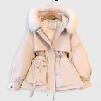 Hooded Parka Jacket Fleece-Lined Beige Women's Faux Fur Trim – Casual, Winter Warmth