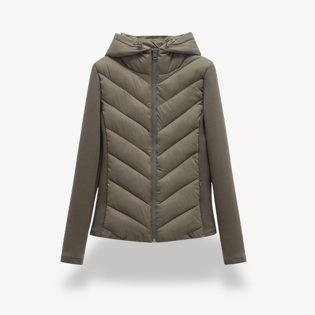 Hooded Quilted Jacket Chevron Padded Brown Women's Zip-Up – Casual, Office · Werune