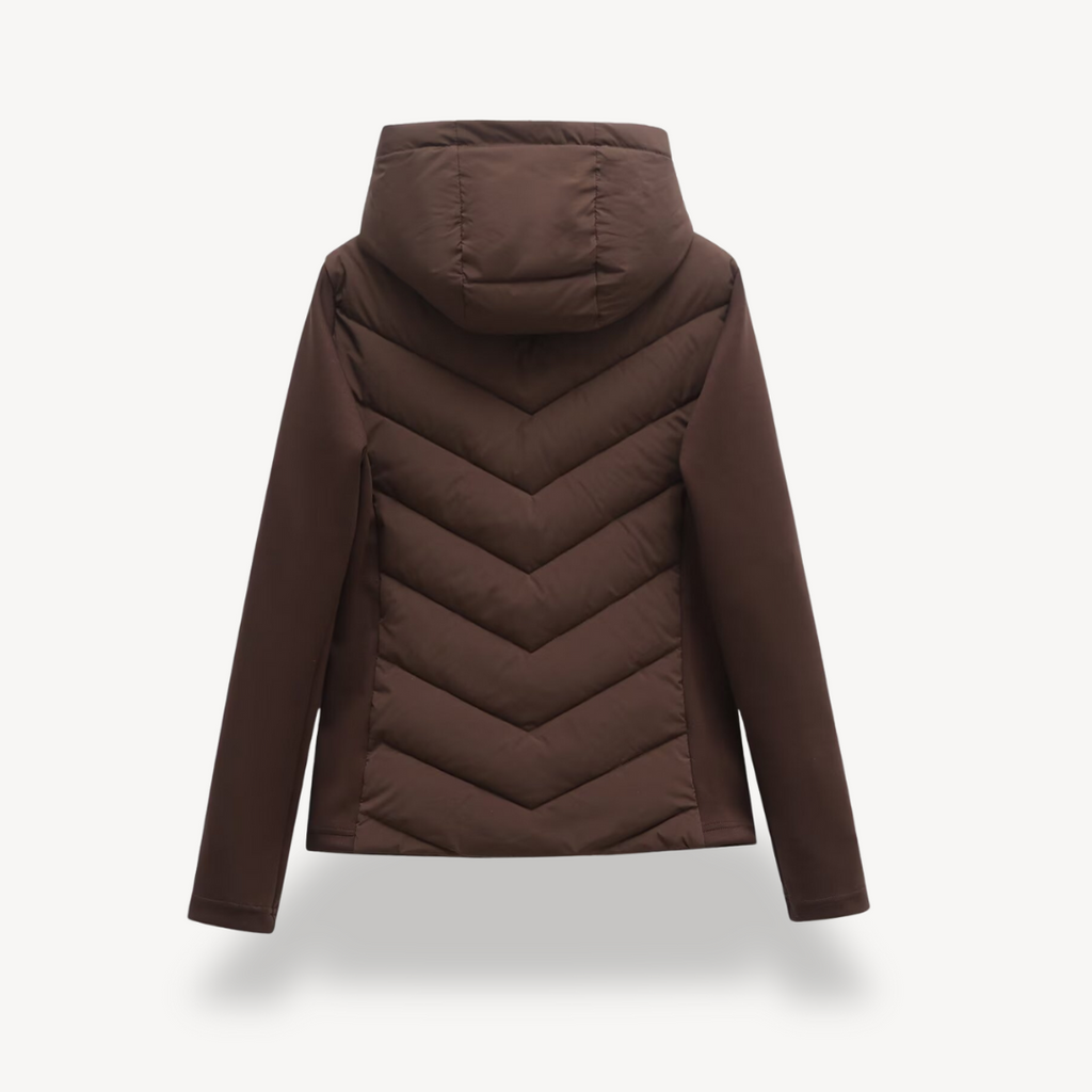 Hooded Quilted Jacket Chevron Padded Brown Women's Zip-Up – Casual, Office · Werune
