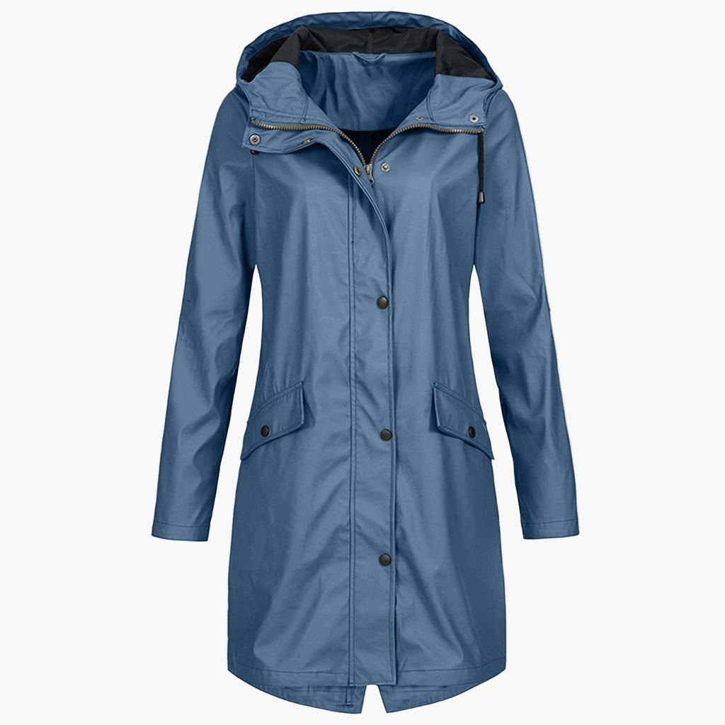 Hooded Rain Jacket Longline Waterproof Navy Women's – Outdoor, Casual, Holiday, Everyday Wear