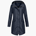 Hooded Rain Jacket Longline Waterproof Navy Women's – Outdoor, Casual, Holiday, Everyday Wear