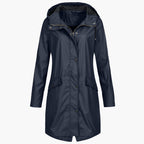 Hooded Rain Jacket Longline Waterproof Navy Women's – Outdoor, Casual, Holiday, Everyday Wear
