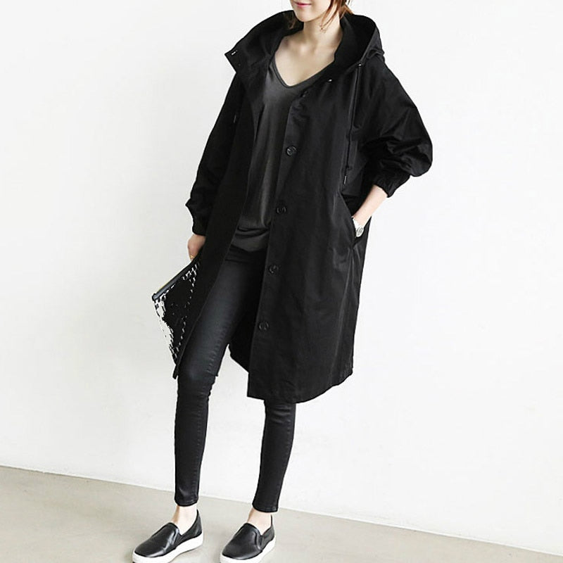 Hooded Trench Coat Longline Oversized Women's Windbreaker – Casual, Everyday Outerwear