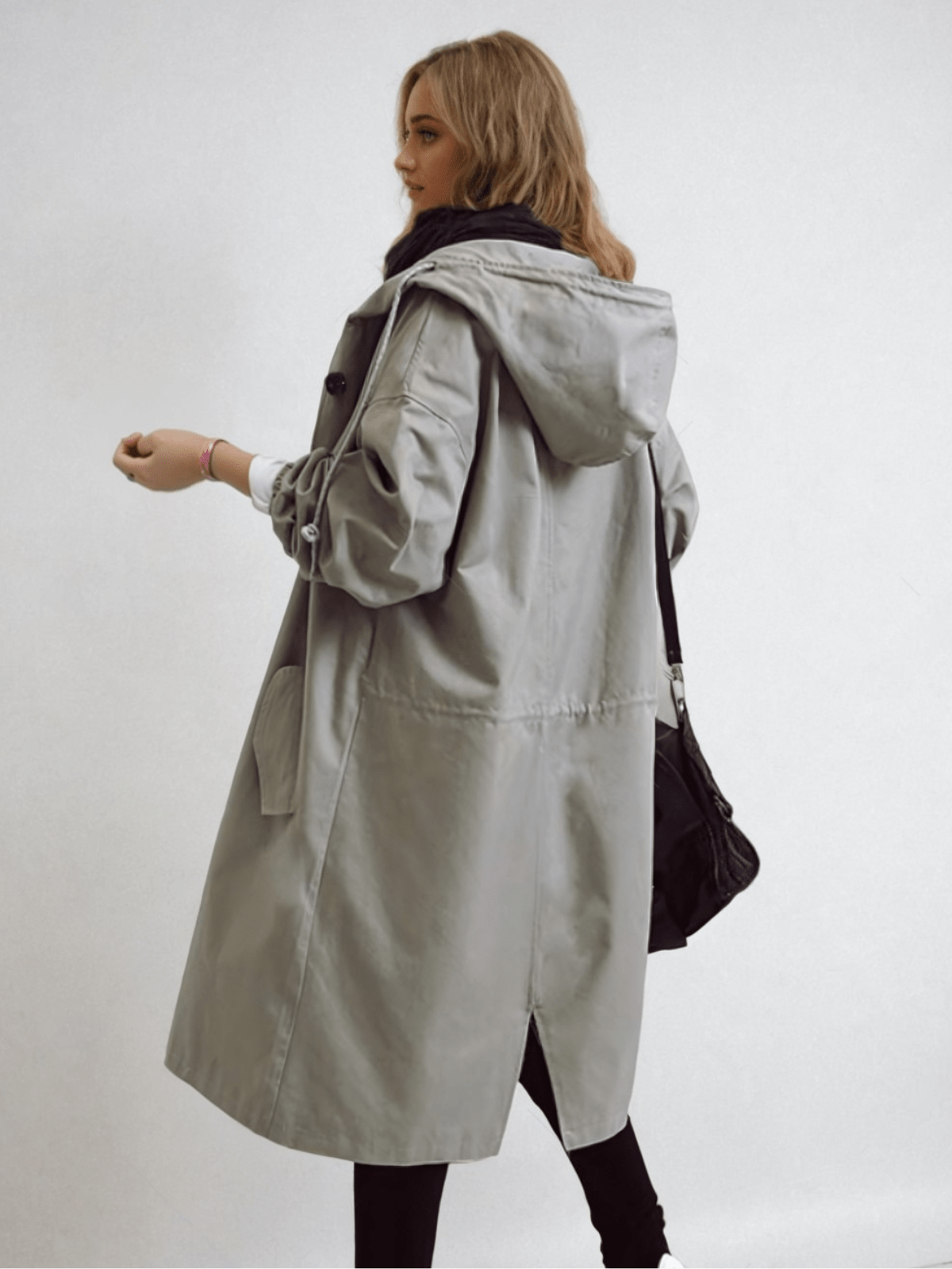 Hooded Trench Coat Oversized Grey Women's Longline Windbreaker – Casual, Holiday