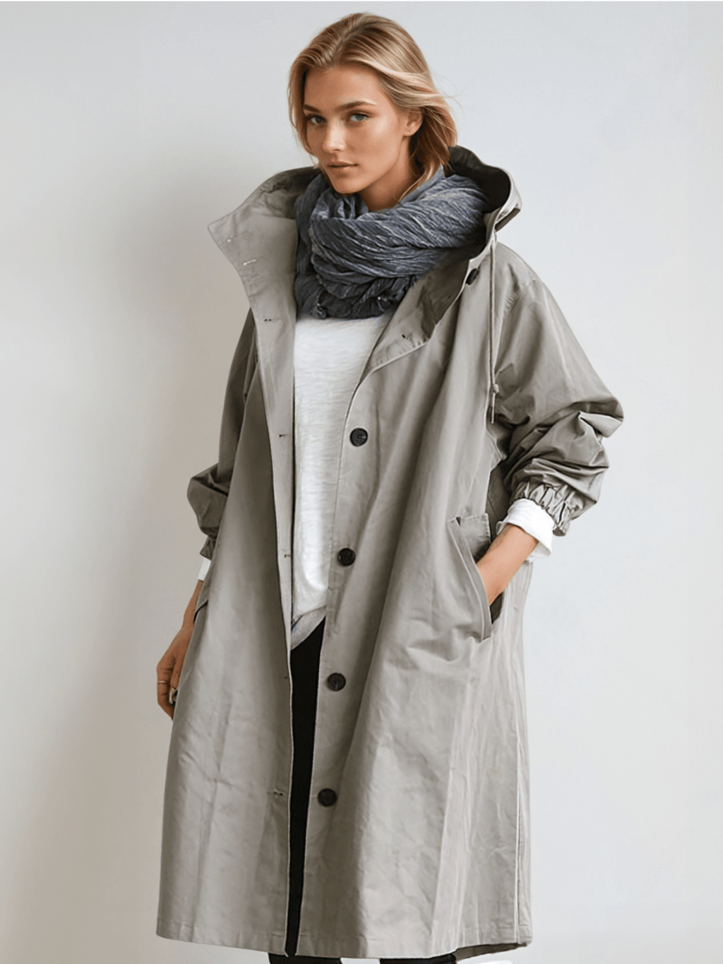 Hooded Trench Coat Oversized Grey Women's Longline Windbreaker – Casual, Holiday
