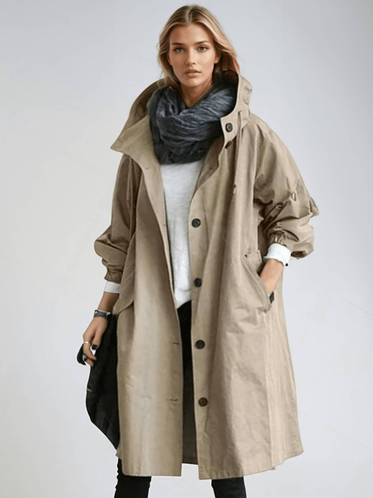 Hooded Trench Coat Oversized Grey Women's Longline Windbreaker – Casual, Holiday