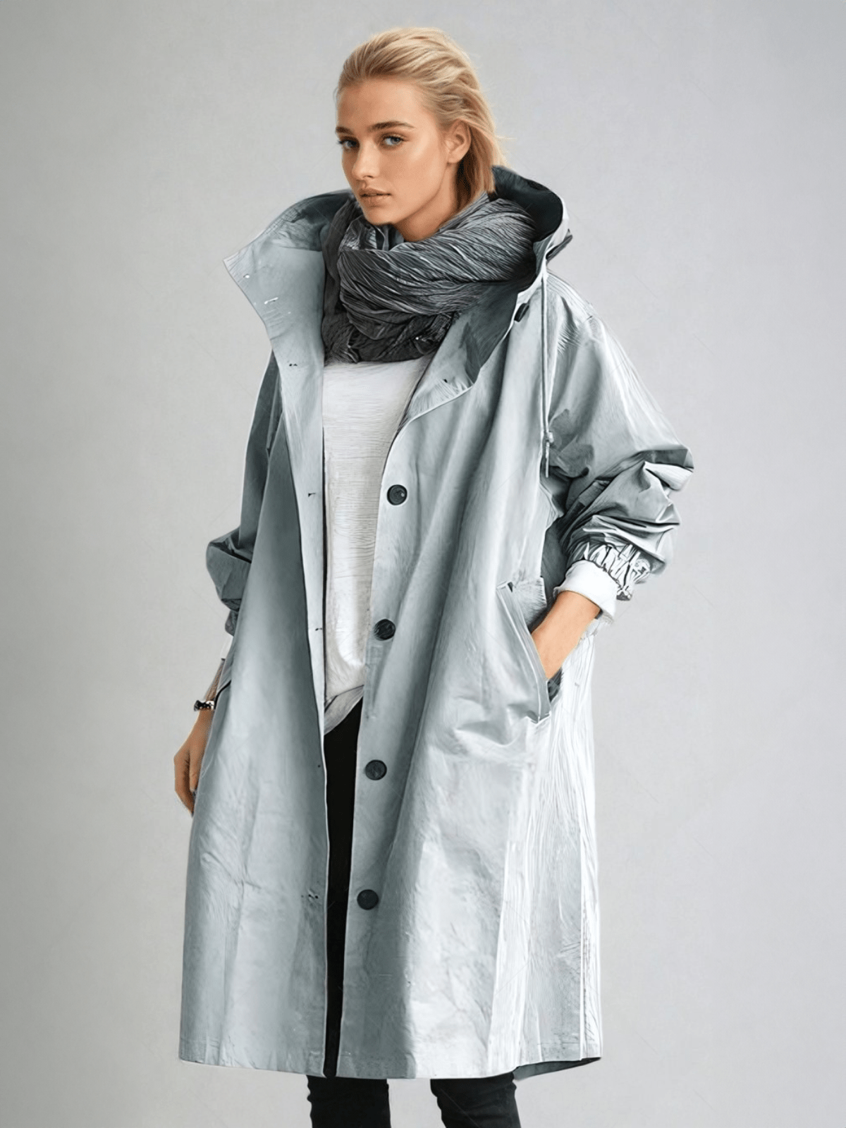 Hooded Trench Coat Oversized Grey Women's Longline Windbreaker – Casual, Holiday