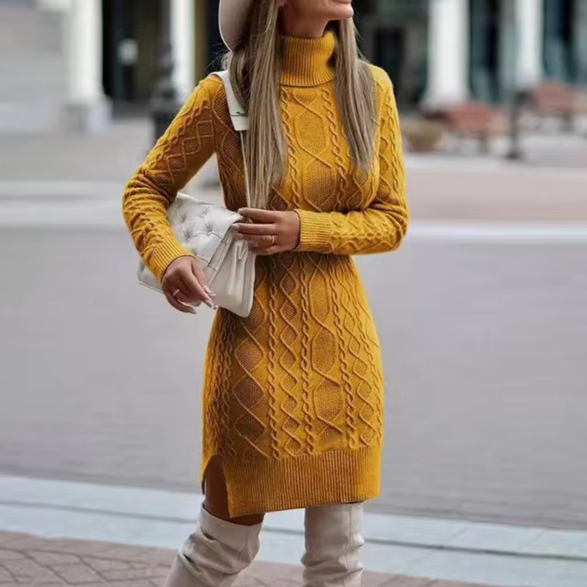 Jumper Dress Cable-Knit Turtleneck Grey Women's Long Sleeve – Casual, Office, Holiday, Gift