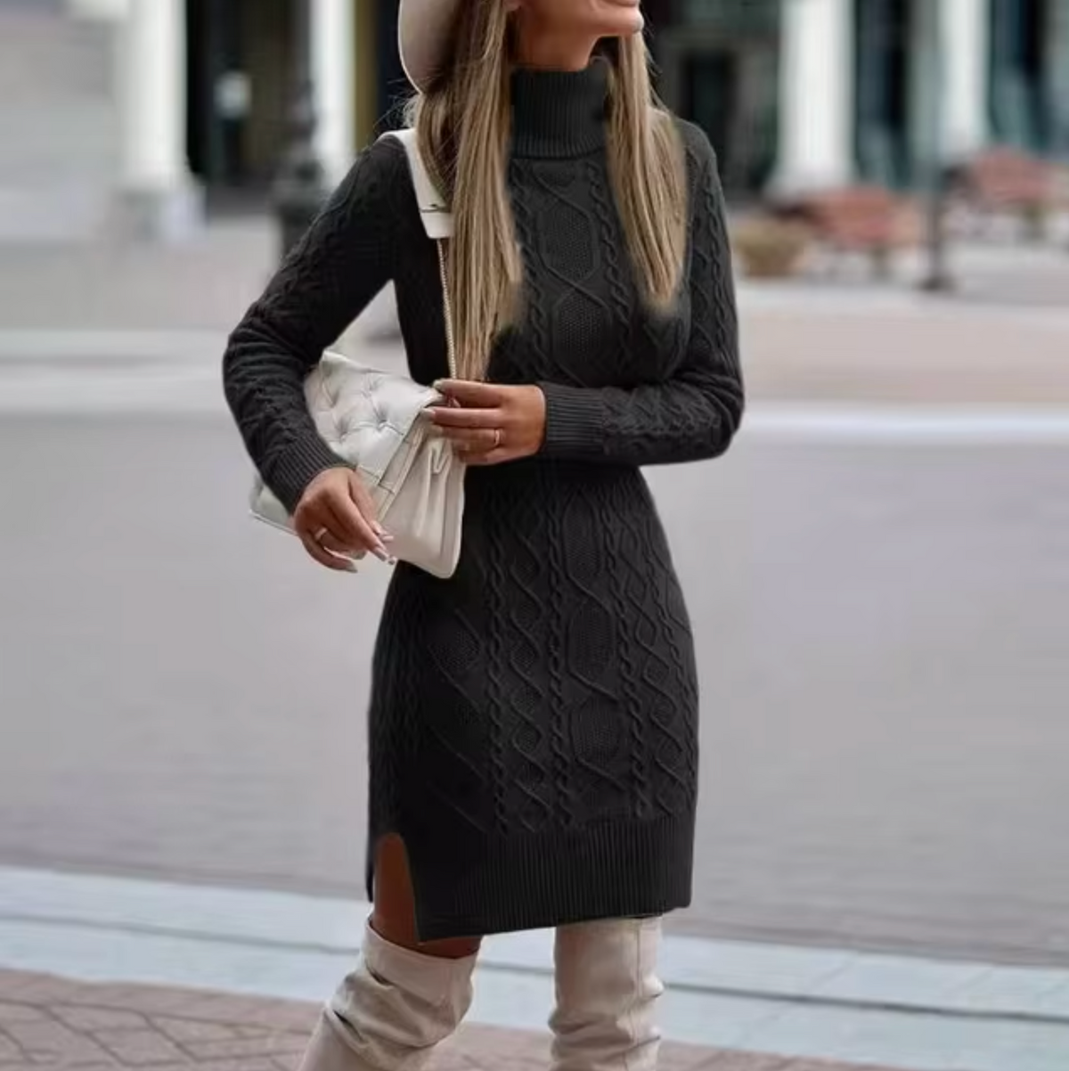 Jumper Dress Cable-Knit Turtleneck Grey Women's Long Sleeve – Casual, Office, Holiday, Gift
